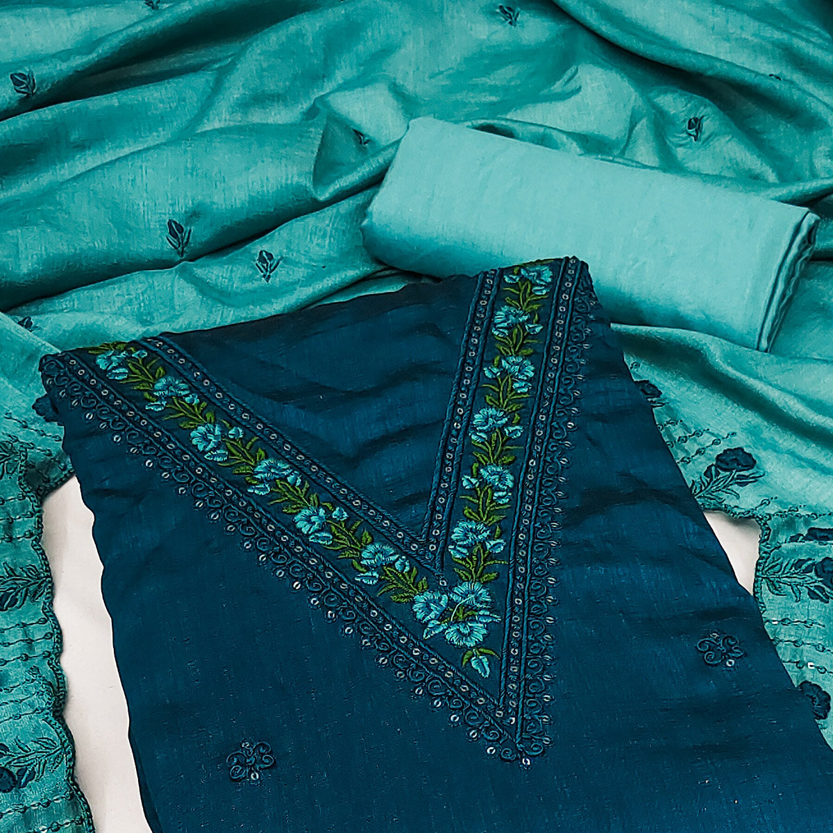 Teal Blue Floral Embroidered Vichitra Silk Dress Material