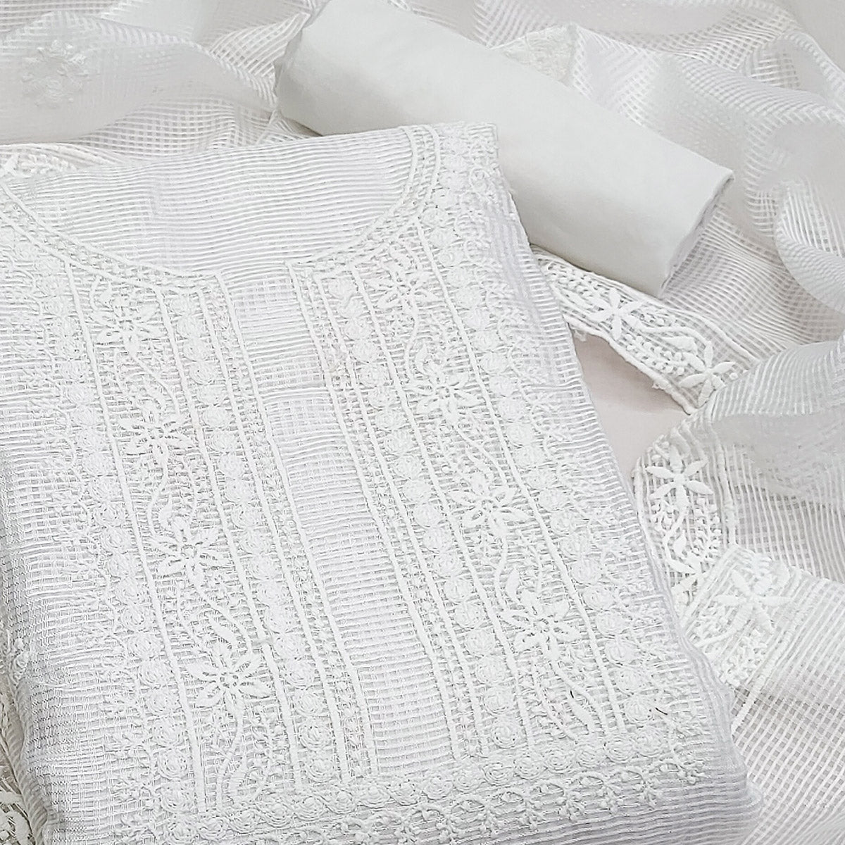 White Floral Embroidered Kota Doria Dress Material