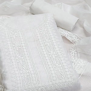 White Floral Embroidered Kota Doria Dress Material