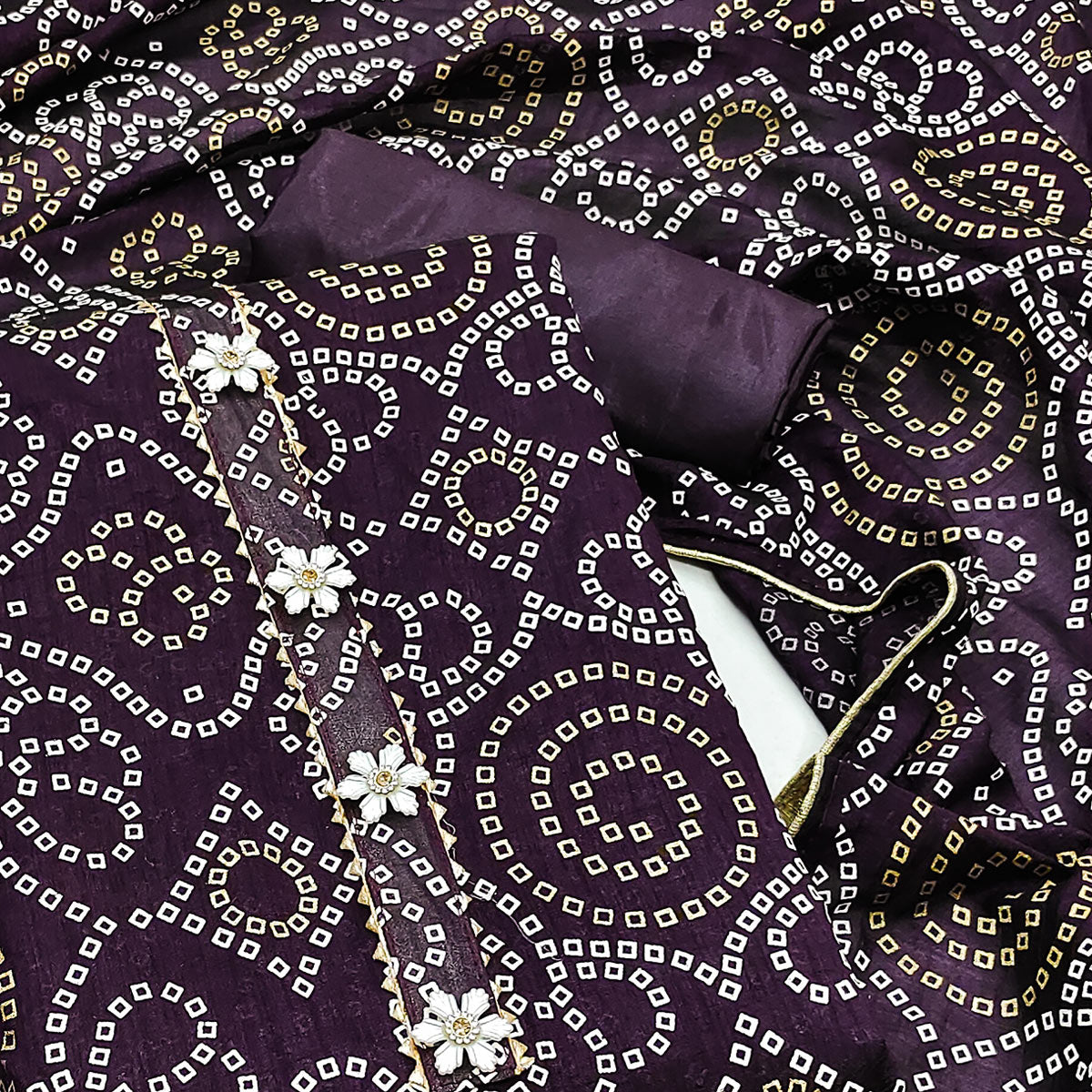 Purple Bandhani Printed Vichitra Silk Dress Material