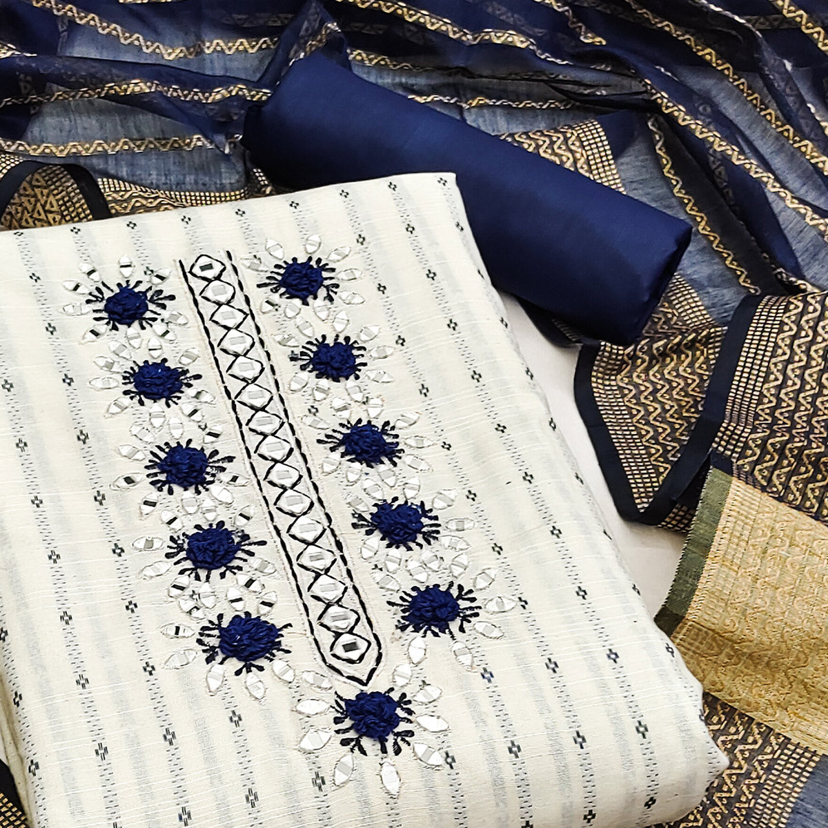 White & Blue Floral Woven Pure Cotton Dress Material