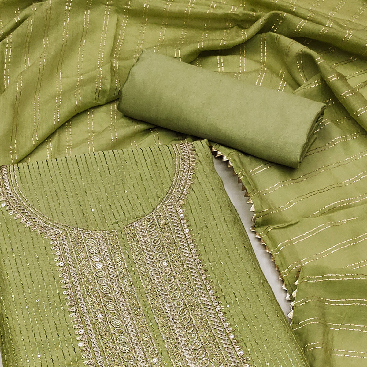 Green Embroidered Chanderi Dress Material