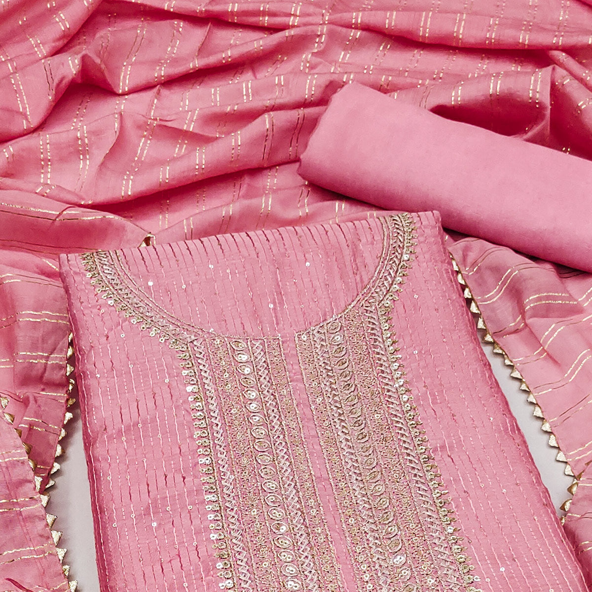 Pink Embroidered Chanderi Dress Material