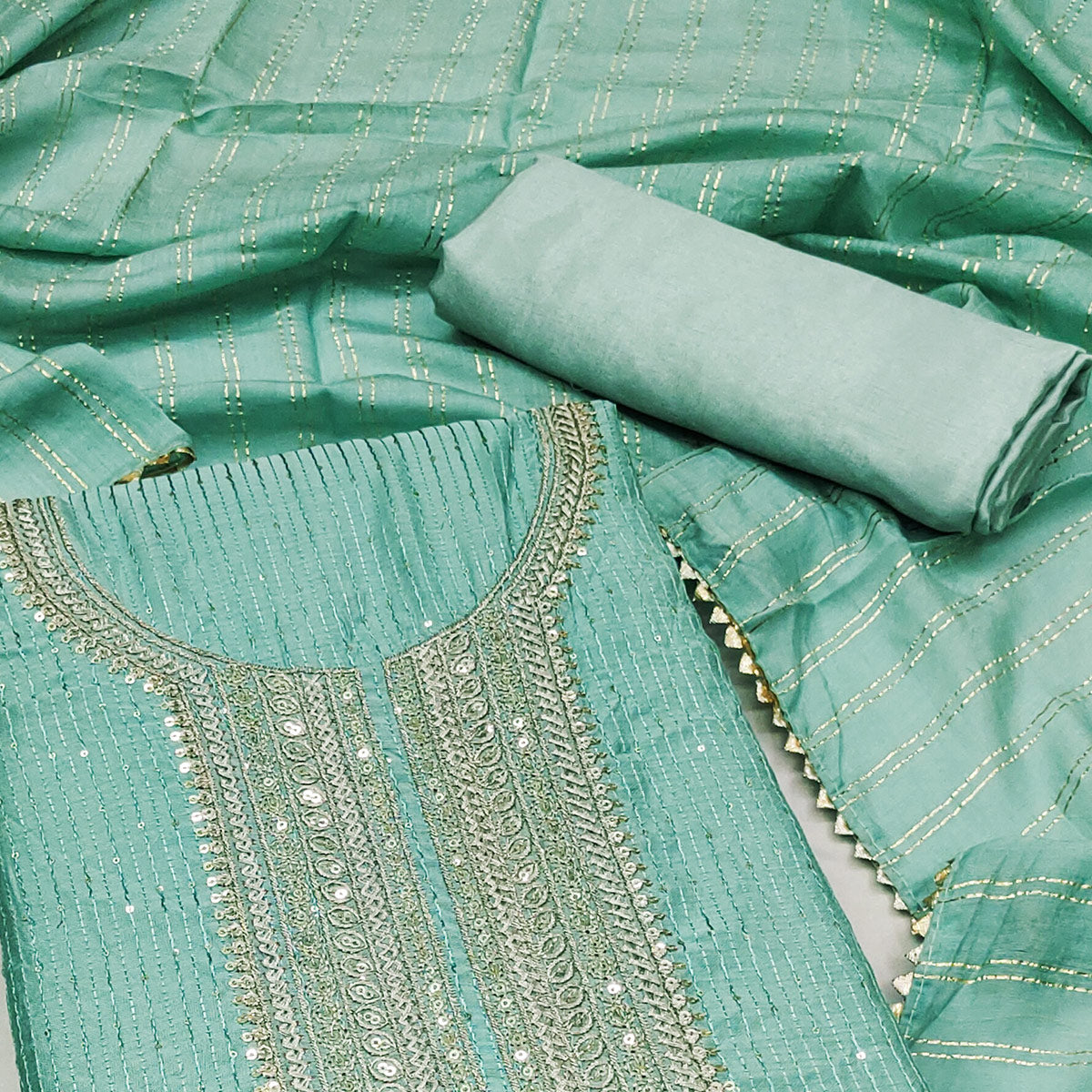 Turquoise Embroidered Chanderi Dress Material