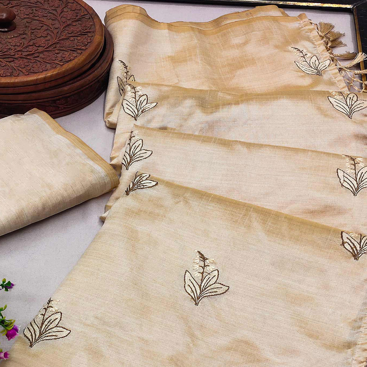 Beige Floral Embroidered Assam Silk Saree With Tassels