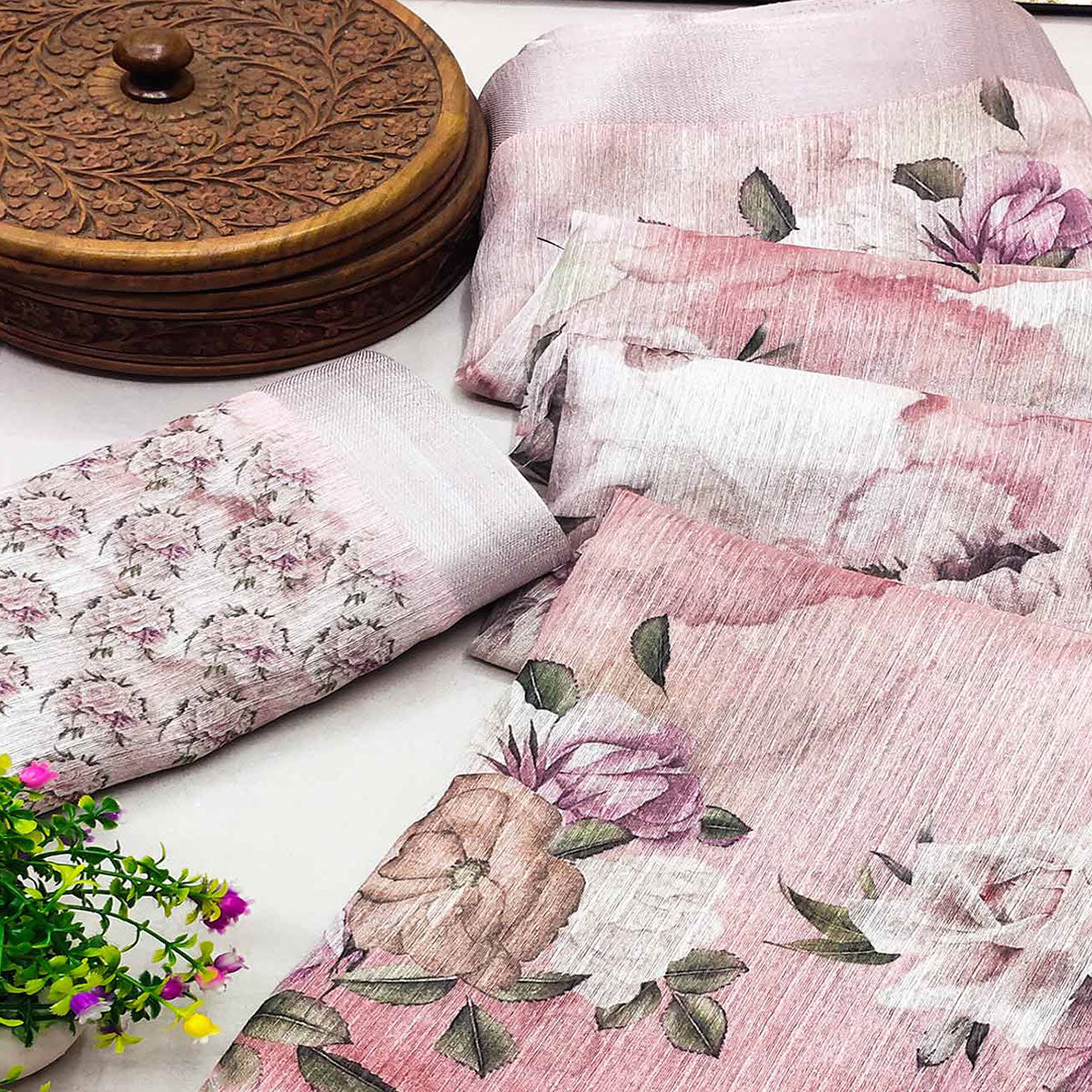 Pink Digital Floral Printed Art Silk Saree