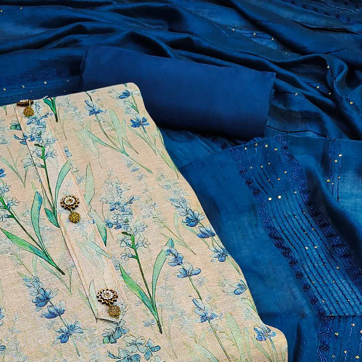 Beige Floral Printed Cotton Silk Dress Material