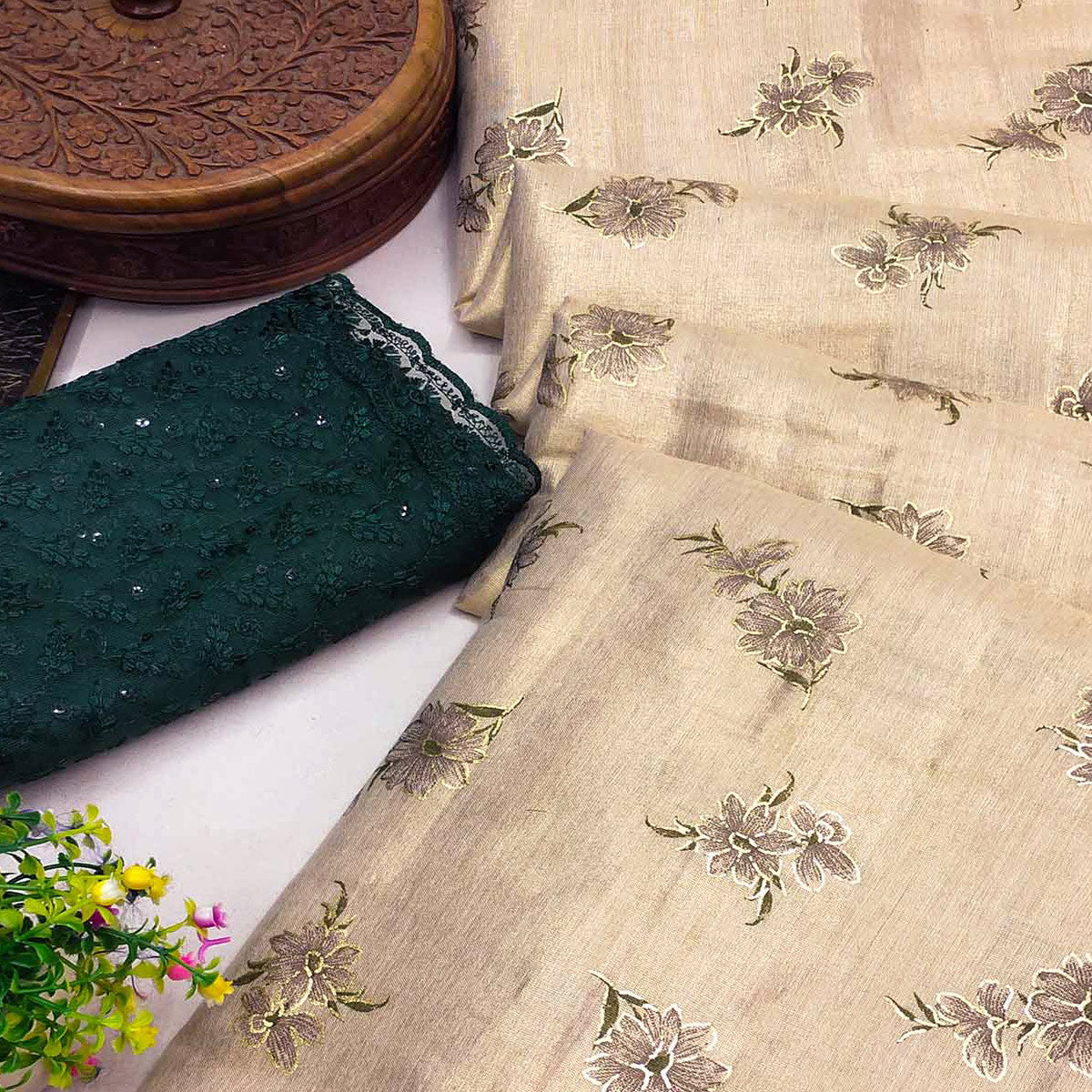 Beige Floral Foil Art Silk Printed Saree With Tassels