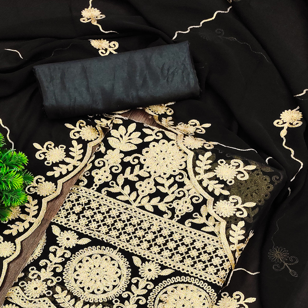 Black Floral Embroidered Georgette Dress Material