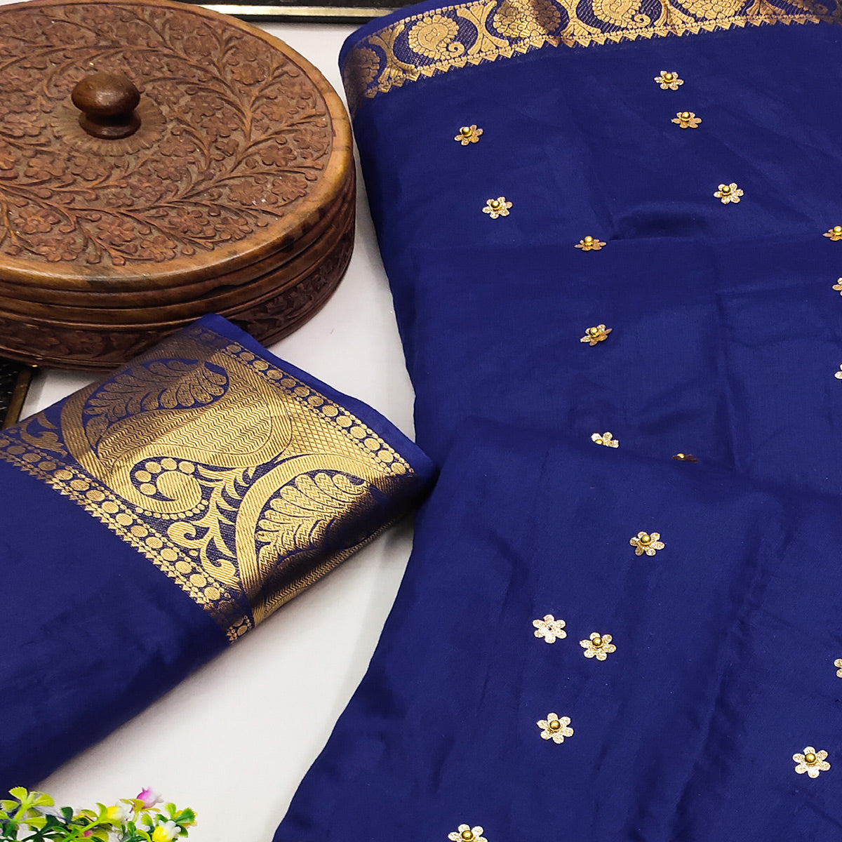 Blue Woven Chanderi Saree With Tassels