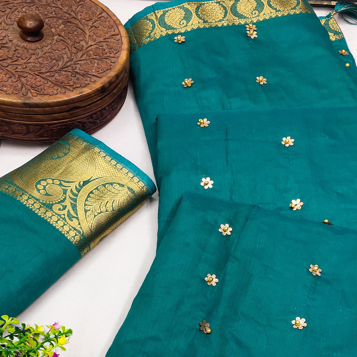 Rama Blue Woven Chanderi Saree With Tassels