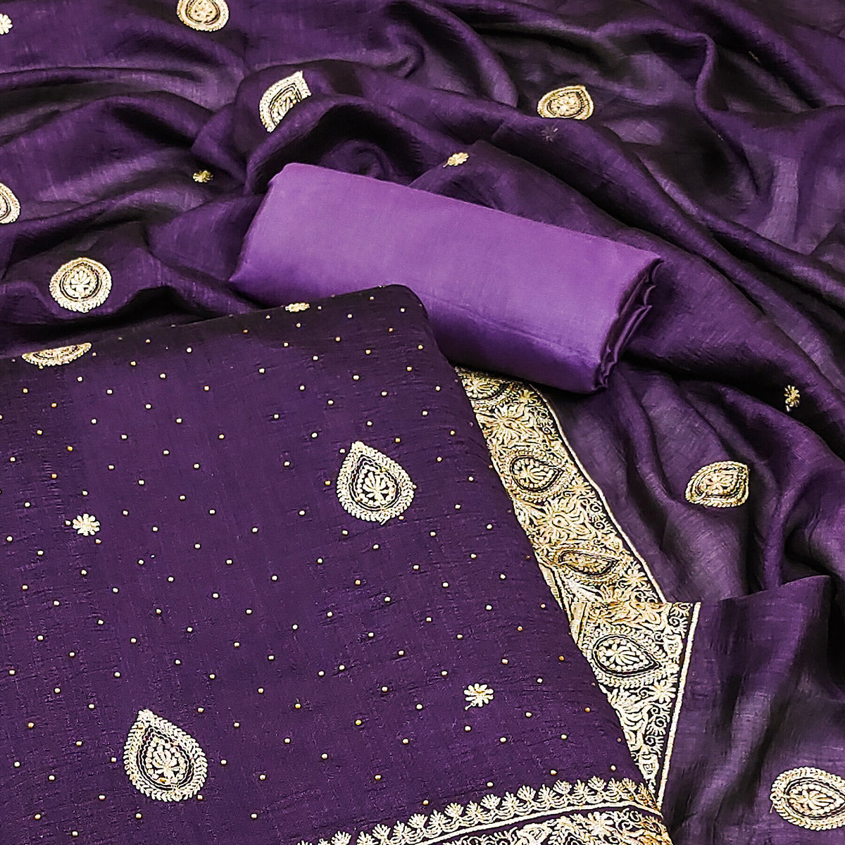 Purple Embroidered Vichitra Silk Dress Material