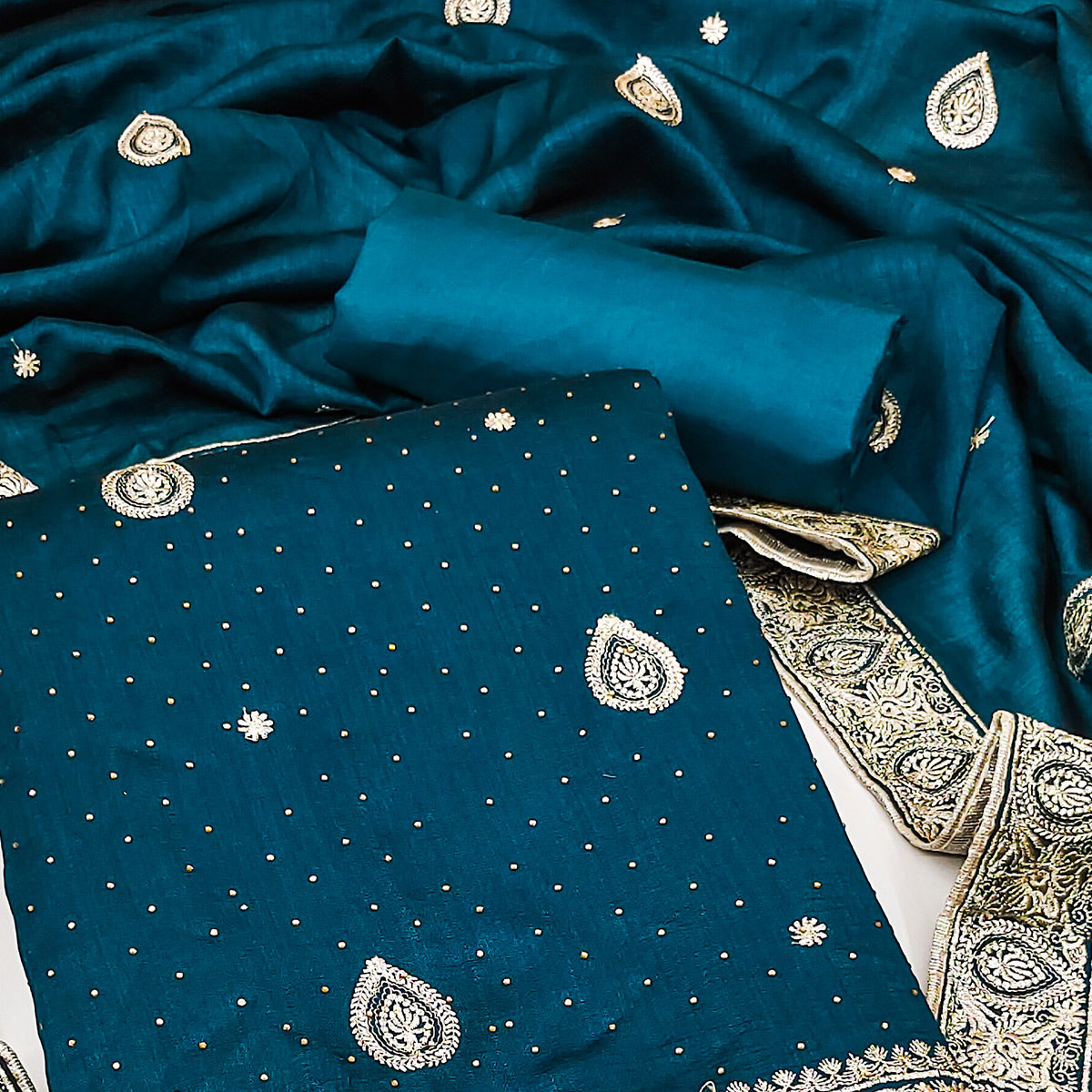 Teal Blue Embroidered Vichitra Silk Dress Material