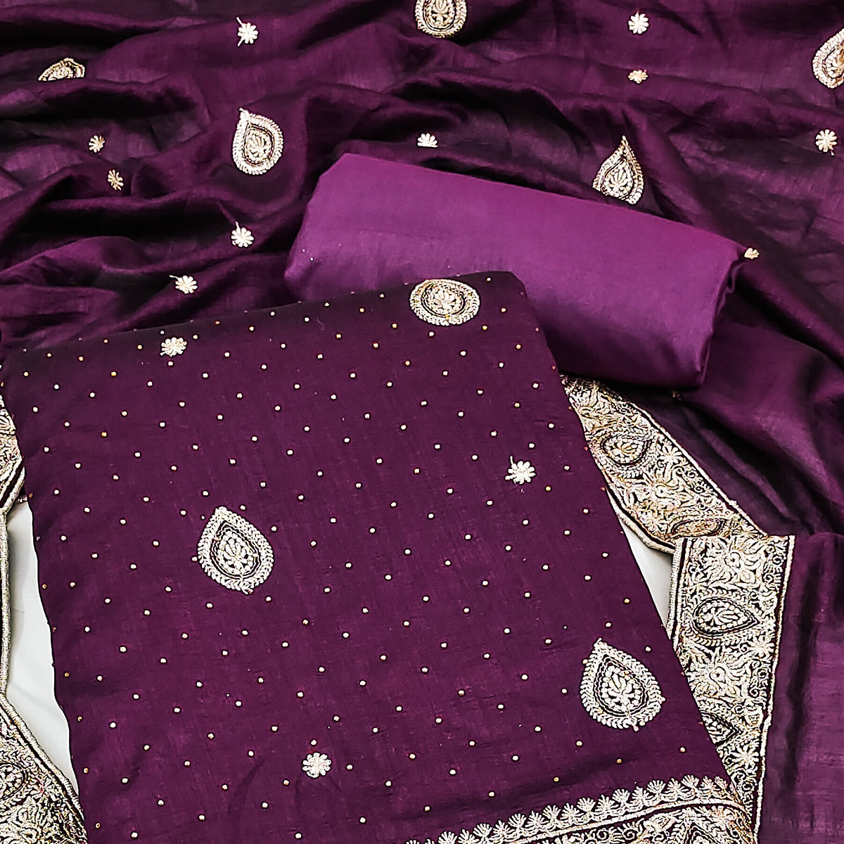Wine Embroidered Vichitra Silk Dress Material