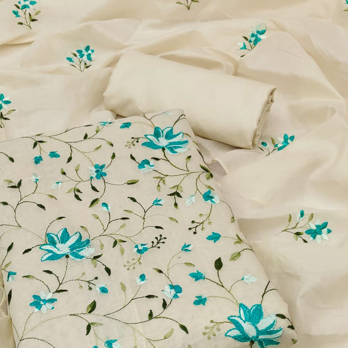 Off White & Turquoise Floral Embroidered Chanderi Silk Dress Material