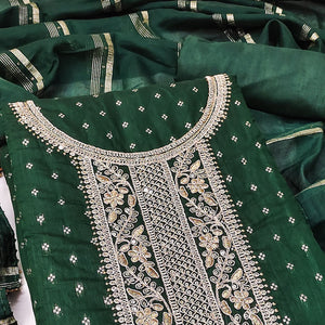 Green Butti With Embroidered Chanderi Silk Dress Material
