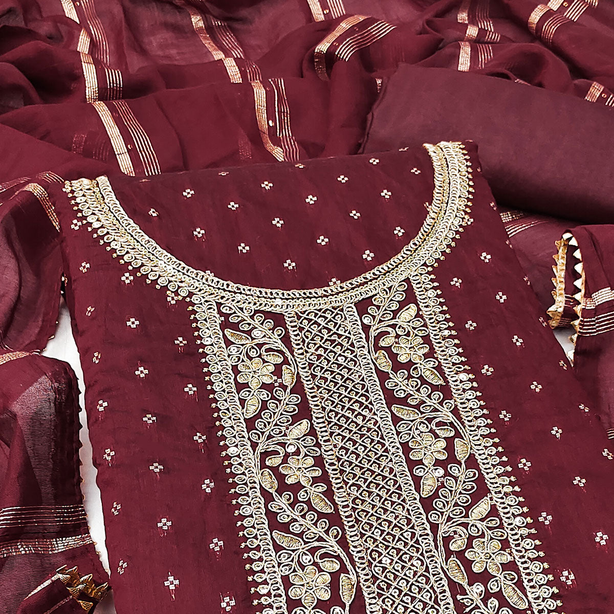 Maroon Butti With Embroidered Chanderi Silk Dress Material