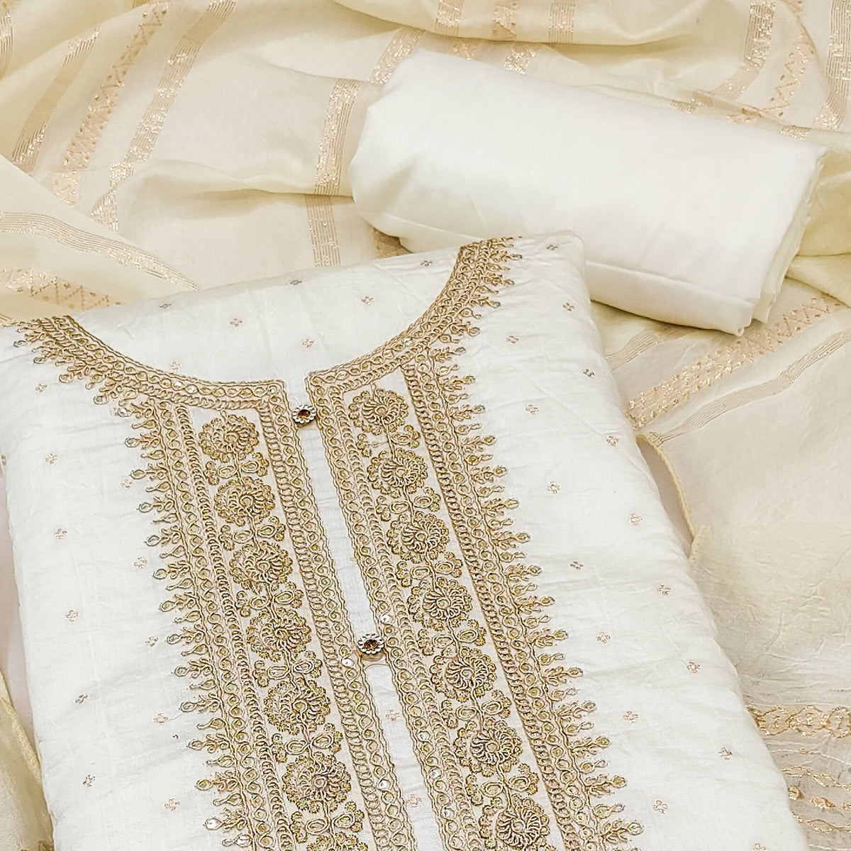 Off White Butti With Embroidered Chanderi Silk Dress Material