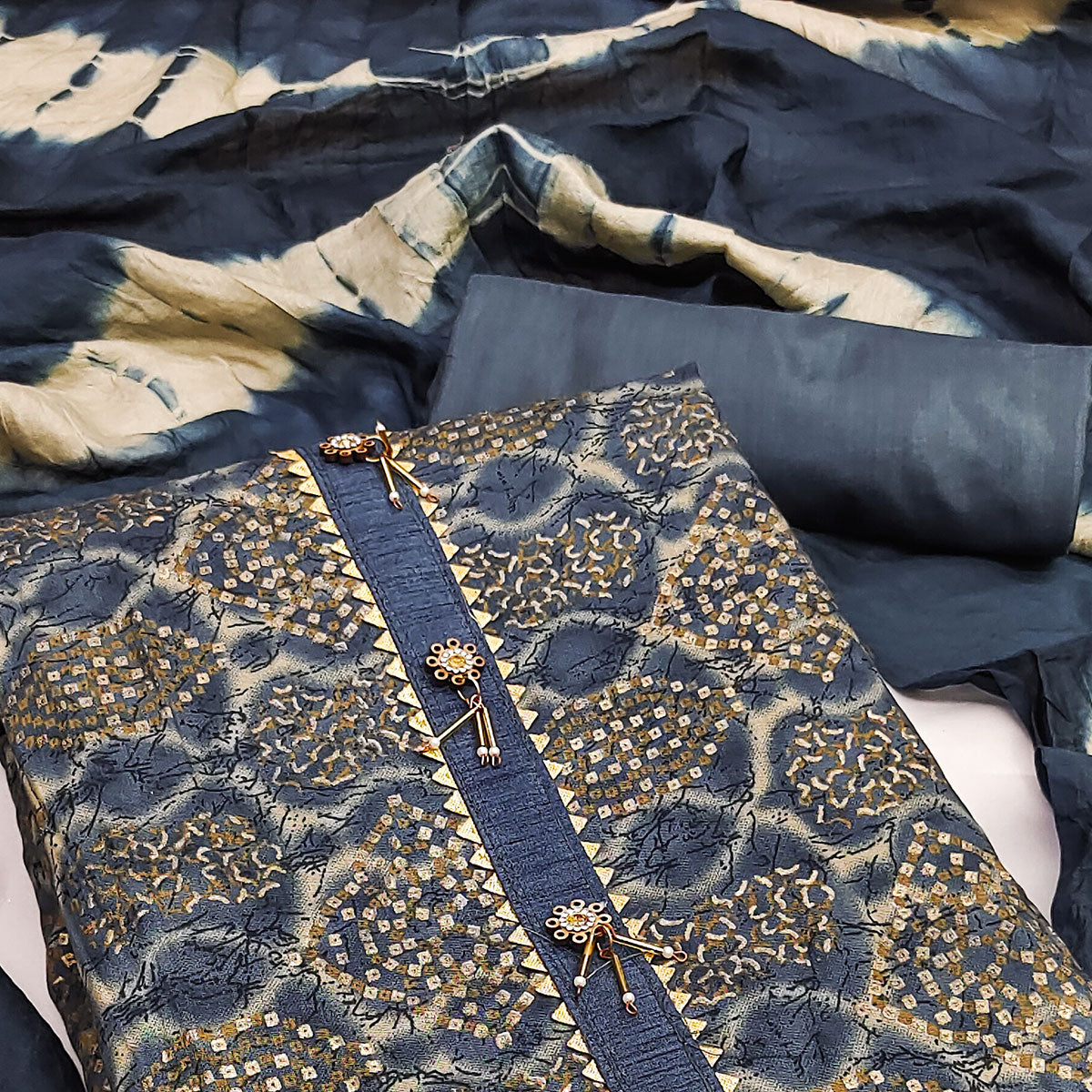 Blue Bandhani Printed Viscose Dress Material