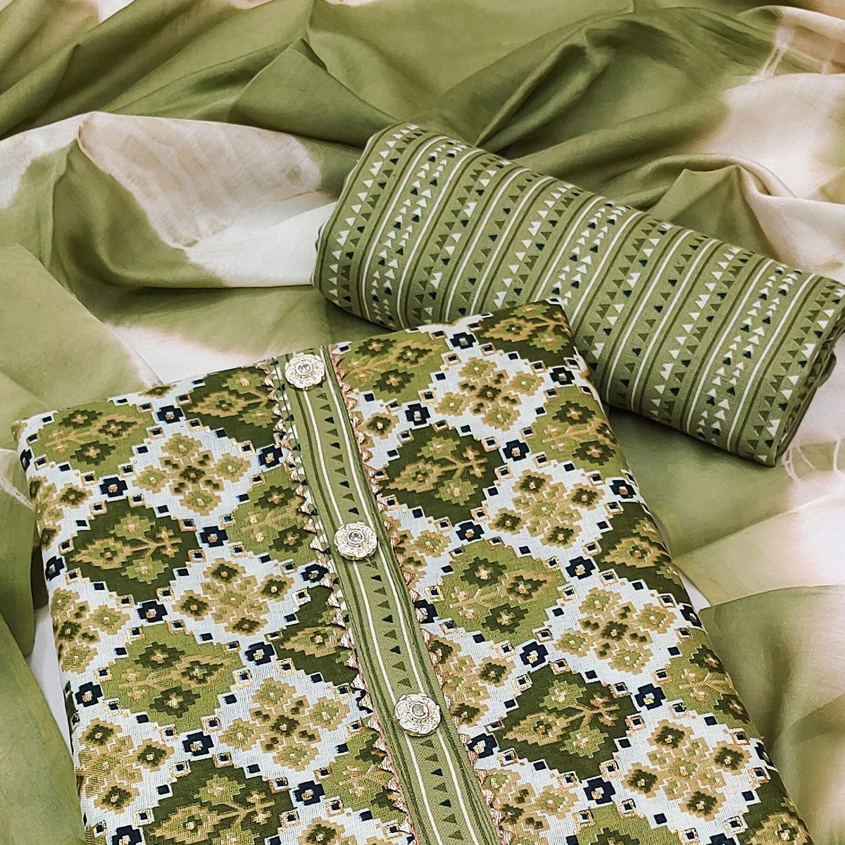 Green Foil Printed Cotton Blend Dress Material