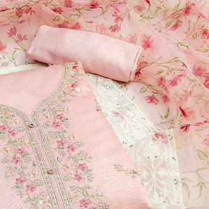 Peach Floral Embroidered Chanderi Silk Dress Material