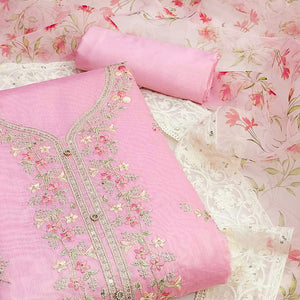 Pink Floral Embroidered Chanderi Silk Dress Material