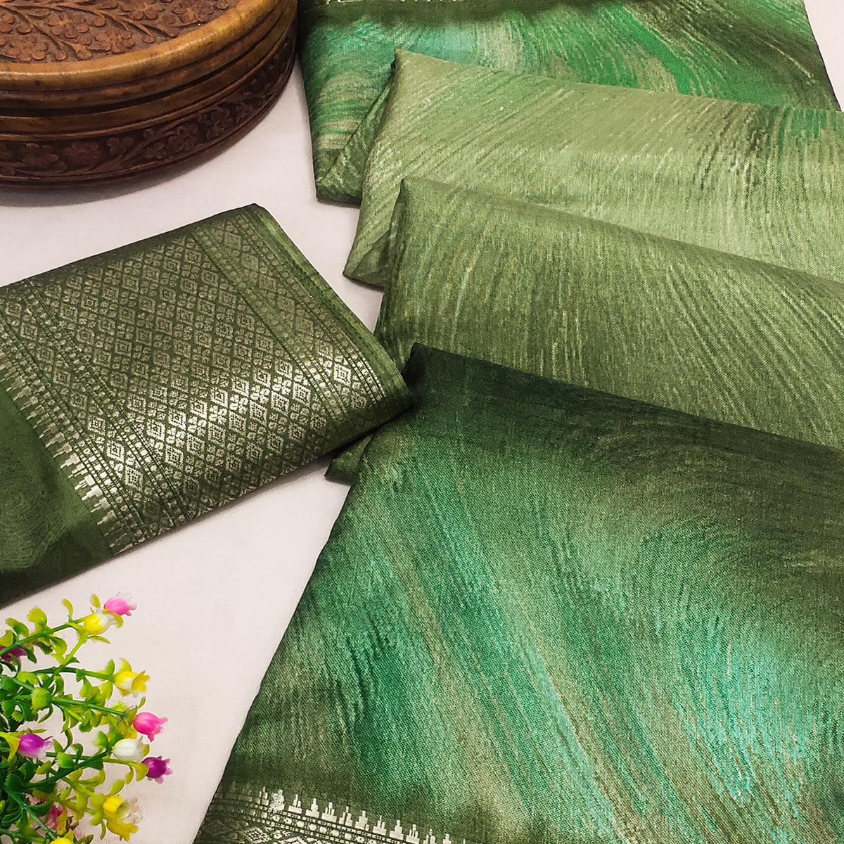 Green Printed Dola Silk Saree With Zari Border