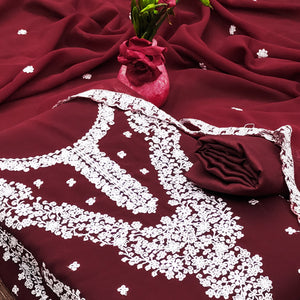 Maroon Floral Embroidered Georgette Dress Material