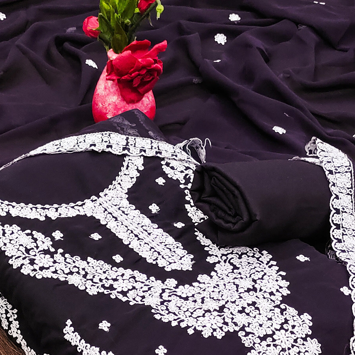 Purple Floral Embroidered Georgette Dress Material