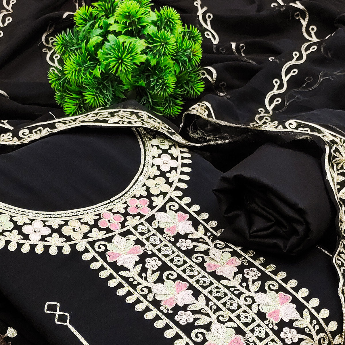 Black Embroidered Georgette Dress Material