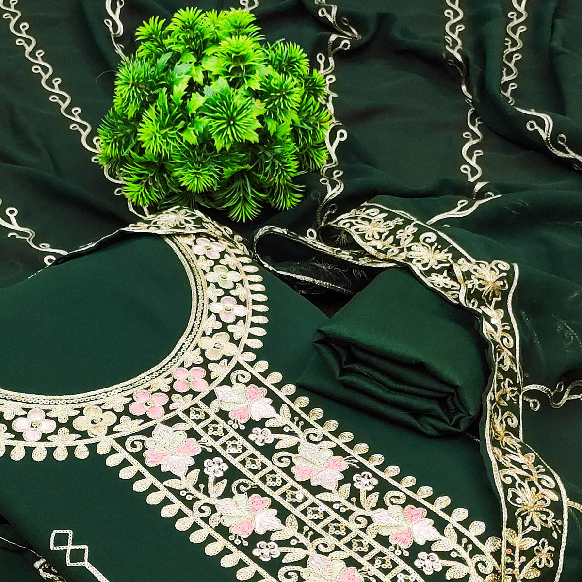 Green Embroidered Georgette Dress Material