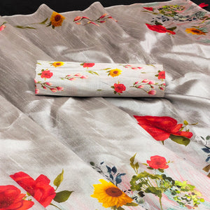 Grey Floral Digital Printed Assam Silk Saree With Tassels