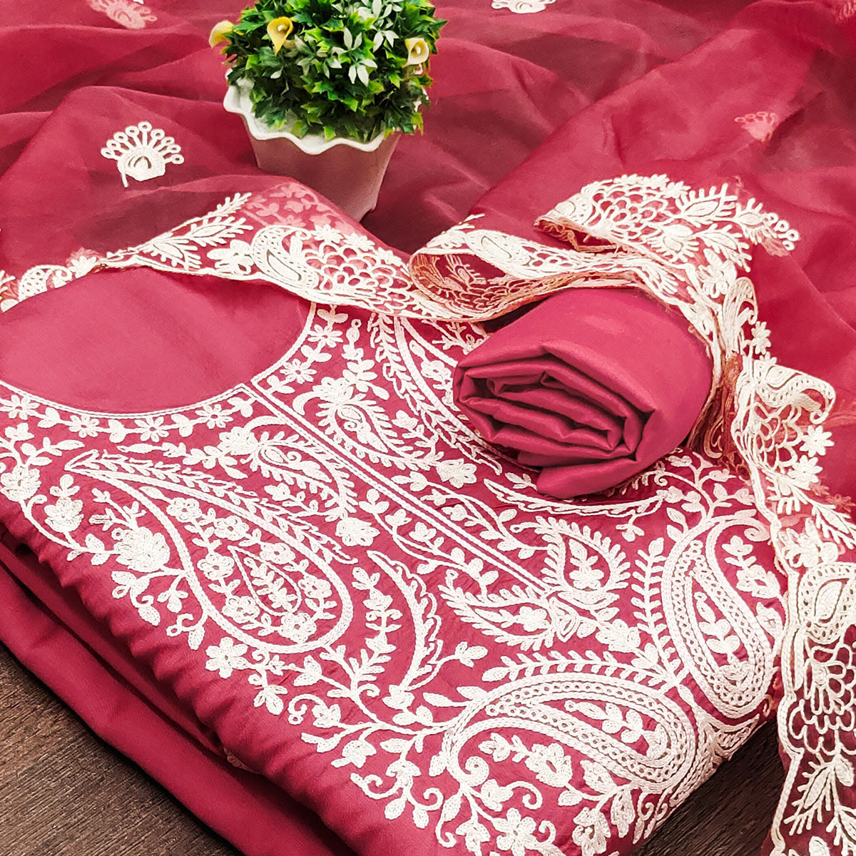 Gajri Pink Floral Embroidered Viscose Dress Material