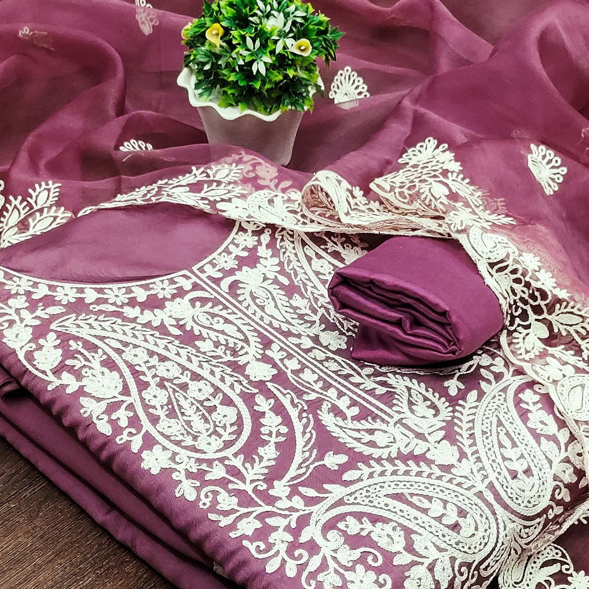 Mauve Floral Embroidered Viscose Dress Material