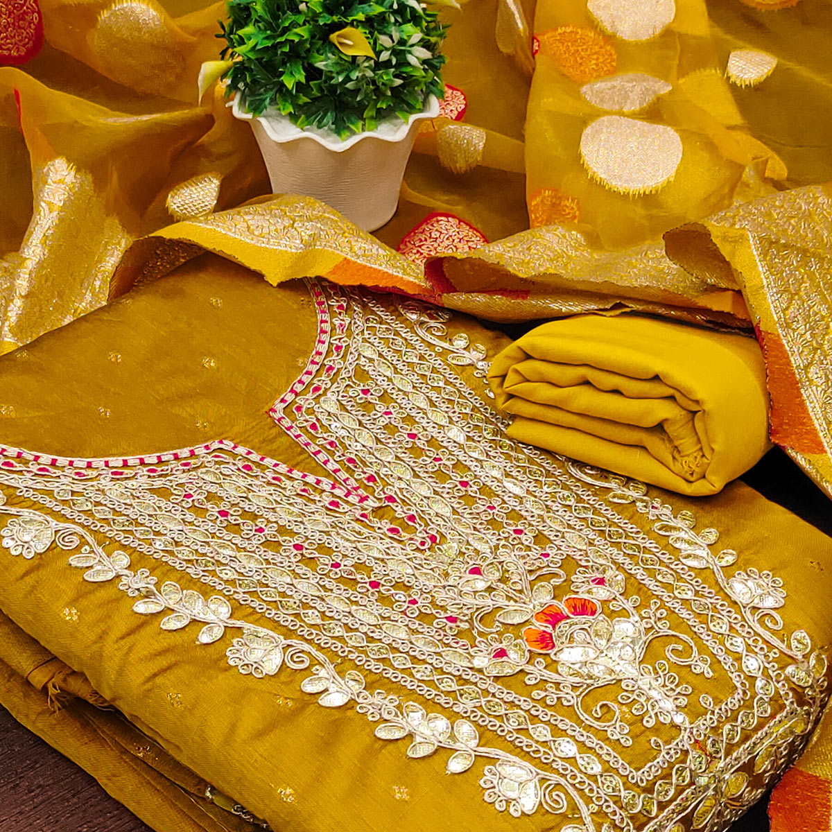 Mustard Butti With Embroidered Chanderi Dress Material