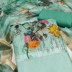 Turquoise Floral Printed With Swarovski Work Organza Dress Material