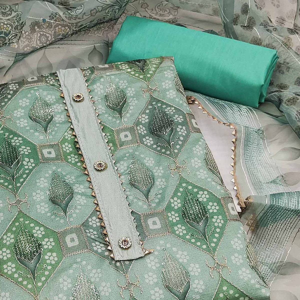 Sea Green Embroidered With Printed Organza Dress Material