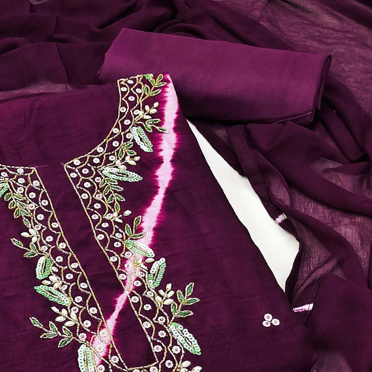 Purple Handwork Embroidery With Leheriya Printed Viscose Dress Material