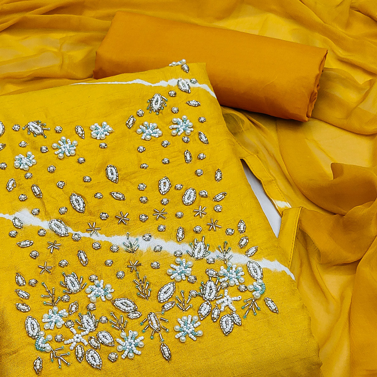 Yellow Handwork Embroidery With Leheriya Printed Viscose Dress Material