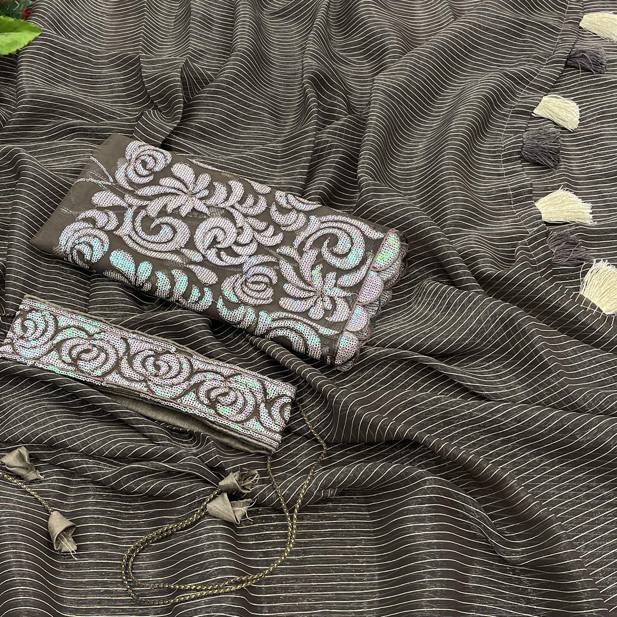 Dark Grey Striped Woven Art Silk Saree With Tassels