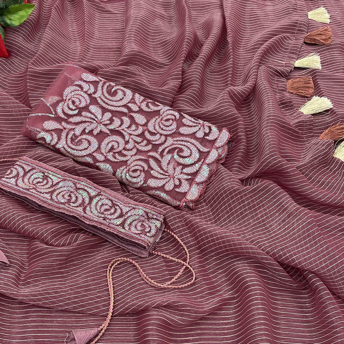 Mauve Striped Woven Art Silk Saree With Tassels