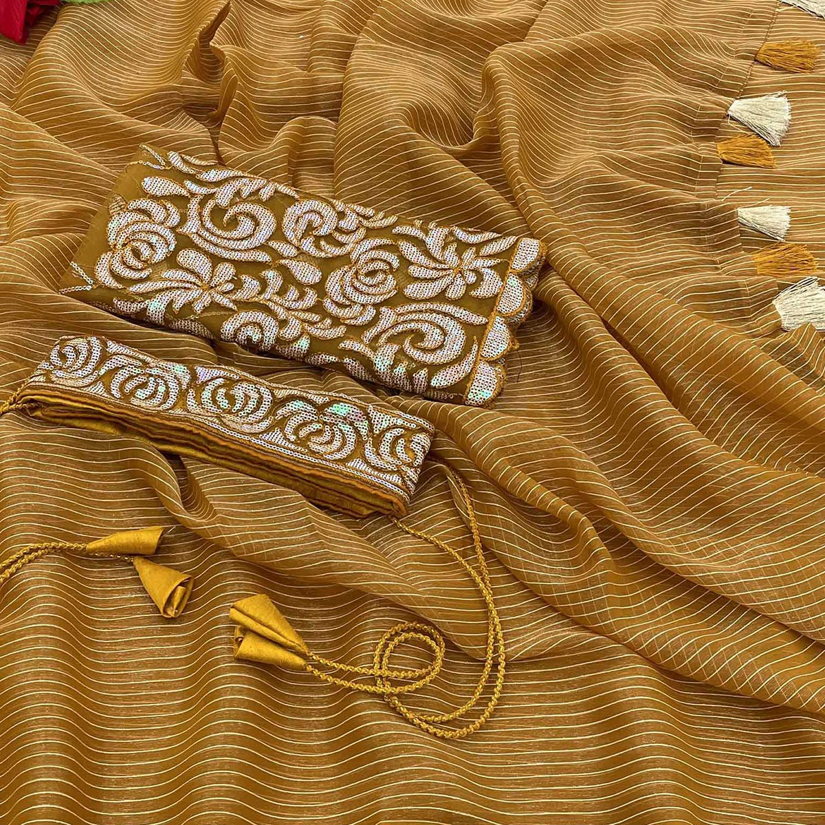 Mustard Striped Woven Art Silk Saree With Tassels