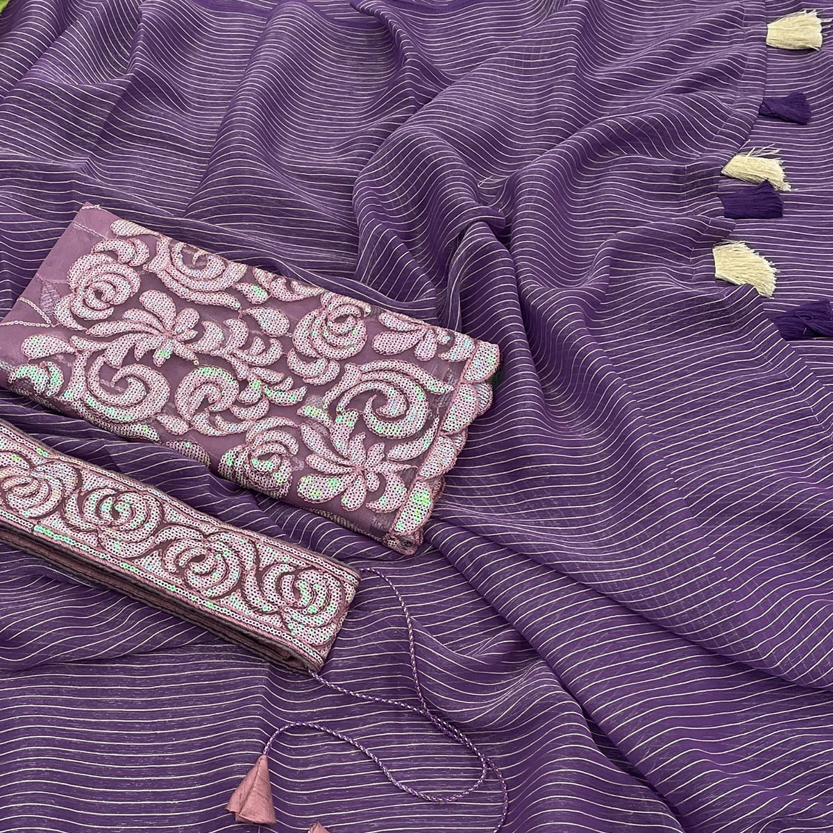 Purple Striped Woven Art Silk Saree With Tassels