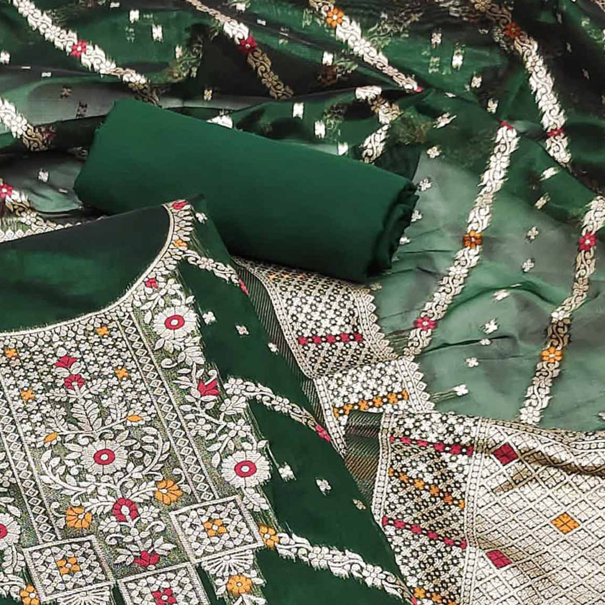 Green Floral Woven Banarasi Silk Dress Material