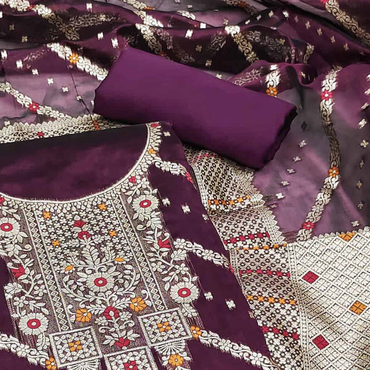 Purple Floral Woven Banarasi Silk Dress Material