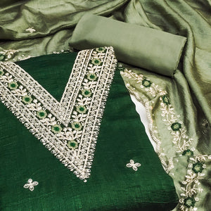 Green Floral Embroidered Vichitra Silk Dress Material