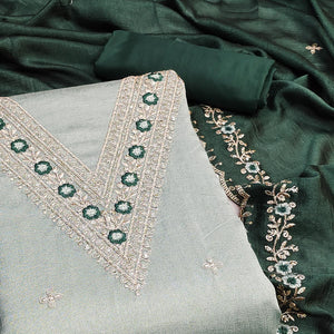 Light Green Floral Embroidered Vichitra Silk Dress Material