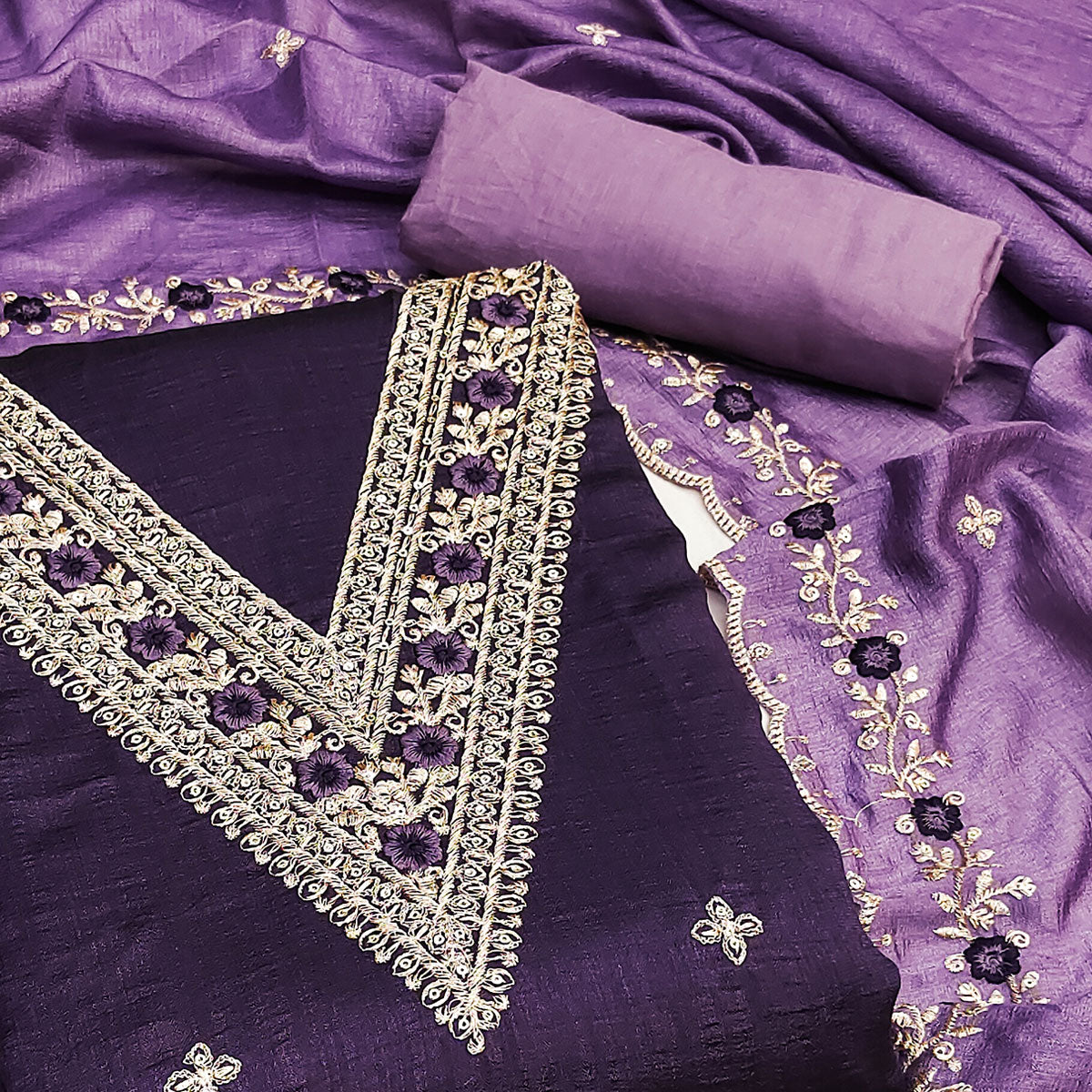 Purple Floral Embroidered Vichitra Silk Dress Material