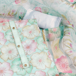 Light Turquoise Floral Printed Organza Dress Material