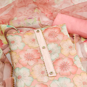 Peach Floral Printed Organza Dress Material